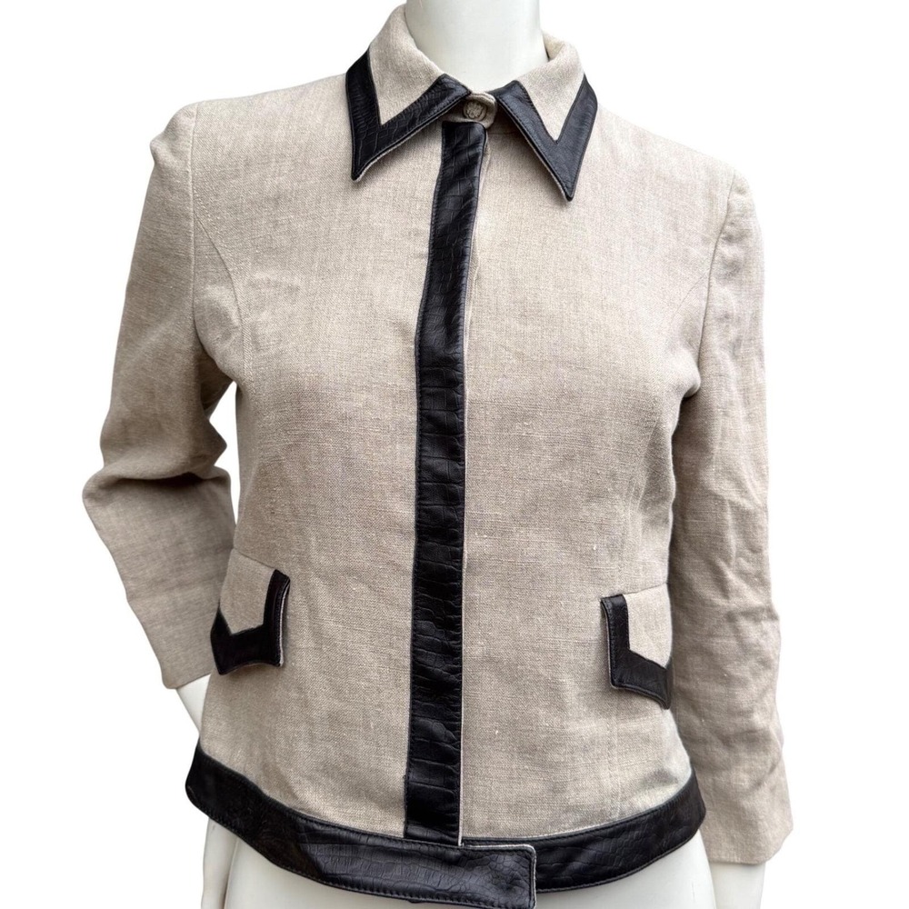 Valentino Roma Vintage 90's Beige 100% Linen Jacket Leather Trim Viscose Lined